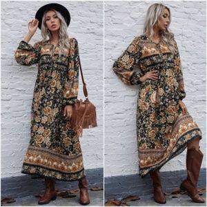 boho floral print long sleeve tie neck maxi dress